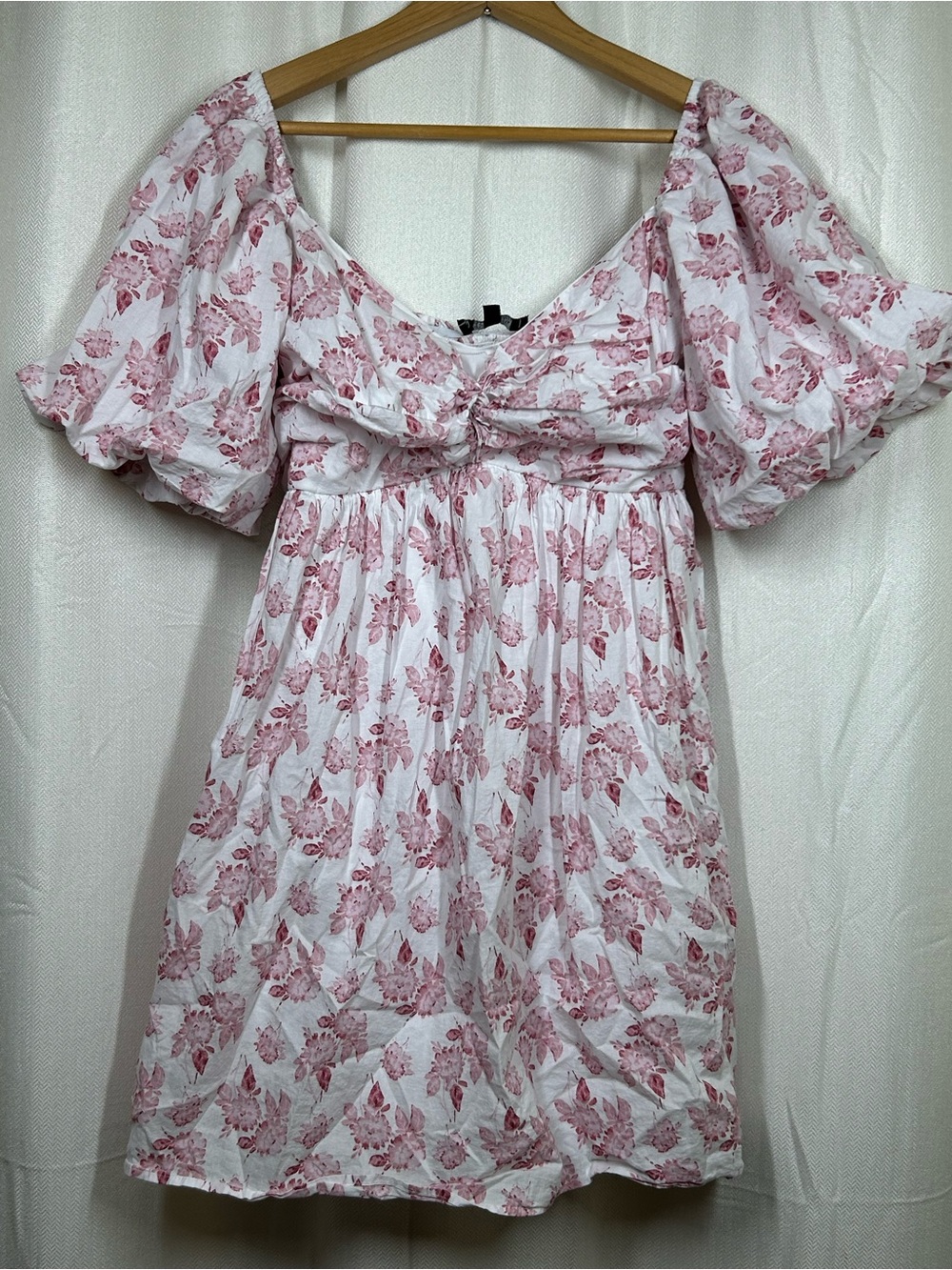 Trixxi White Pink Floral Mini Dress Size Large Puff Sleeve Babydoll